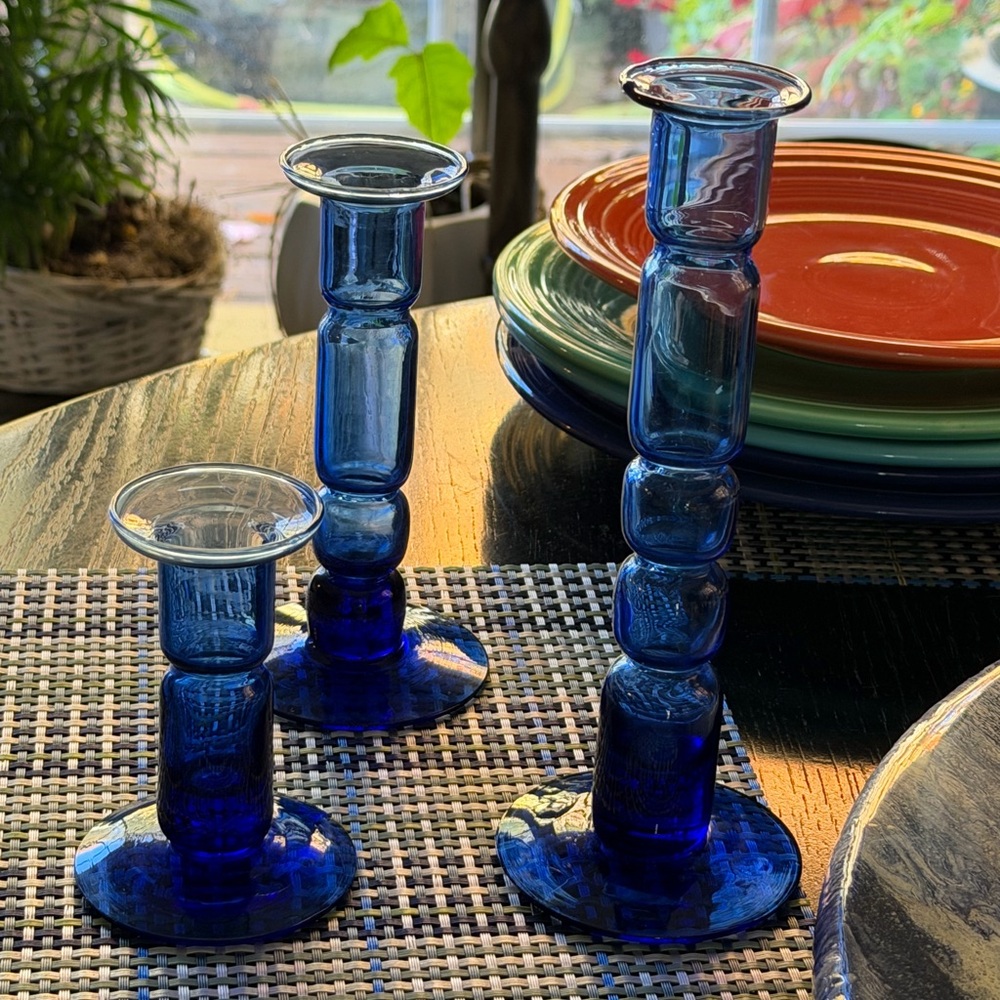 3 Cobalt Blue Blown Glass Candleholders Set of 3 Old 
4” 6” & 8” Perfect